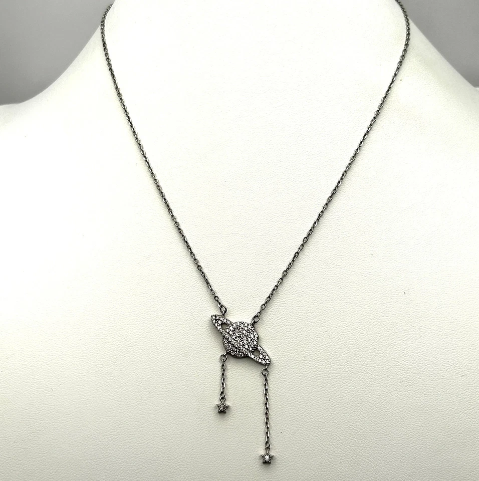 Colar de prata esterlina 925 Saturno estrelas penduradas diamante 17 polegadas - Imagem 2 de 4