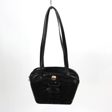 Gianni Versace Vintage Black Croc-Embossed Leather Shoulder Bag Gold Medusa