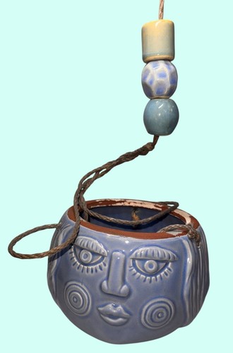 Fioriera viso in ceramica da appendere blu boho 4 pollici dettagli perline - Foto 6 di 9