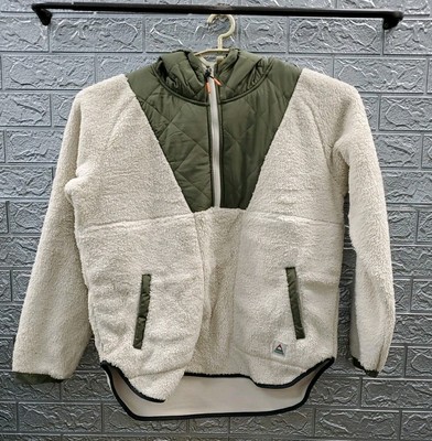 New Passenger Beaumont Sherpa 1/2 Zip Hooded Fleece Jacket Ivory/Olive Sz Large