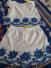 Shein Kids Girl's White With Blue Embroidered Accent Top Shorts,6 Months