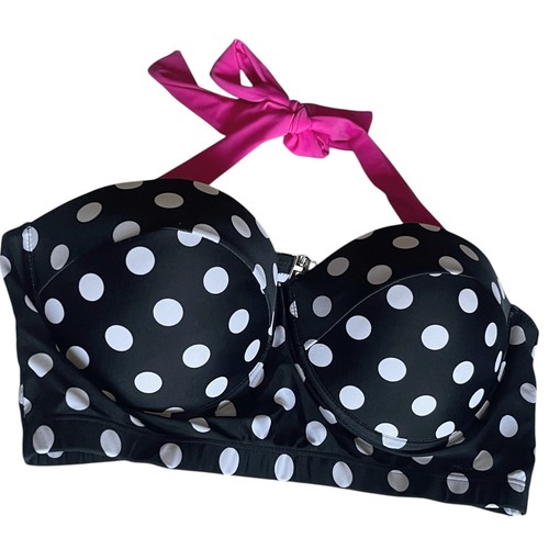 Bold & Playful Retro Halter Bikini Black Polka Dot Top & Hot Pink Ruched Bottom - Picture 8 of 9