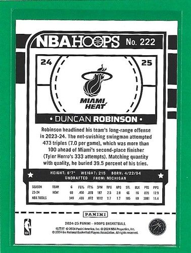 2024-25 Hoops Basket Giallo Flood Duncan Robinson #222 Miami Heat - Foto 2 di 2