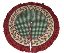 Vintage 90s Ruffled Plaid Holly Christmas Tree Skirt 55.5" Country Home Holiday