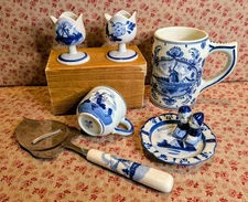 Lot (6) Vtg. Delft Ceramics~Hand Painted Blauw Holland~Cups, Mugs, Dish, Slicer