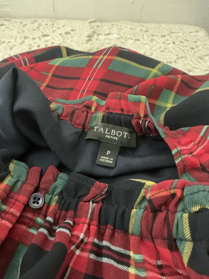 Talbots Sz Petite Blouse Red Plaid Tartan Sheer lined Ruffle Sleeve No Iron - Image 3 of 4