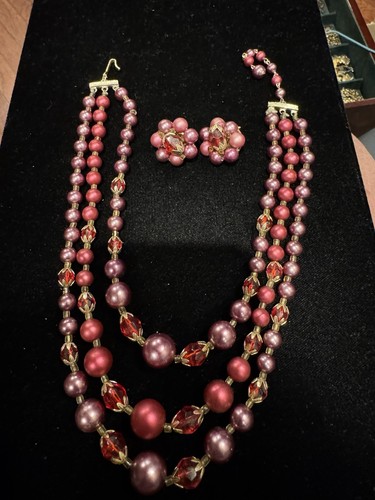 Vintage Exact Japan Matching Red Beaded Necklace And Earrings