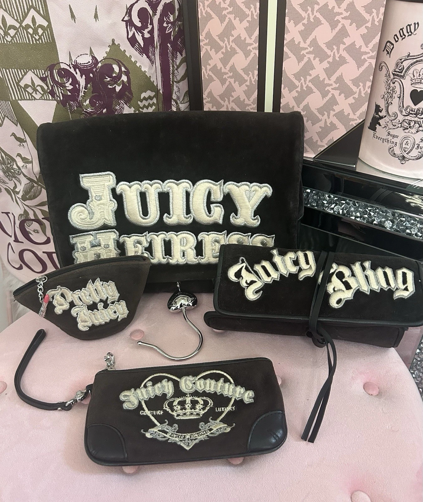 Vintage Juicy Couture Hanging Cosmetic Organizer Roll Bag Mini Bag Wristlet SET!