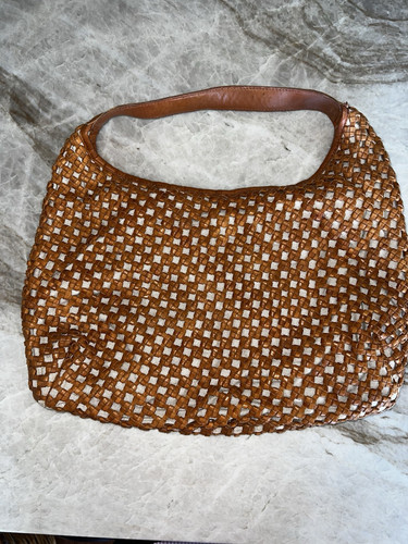 New Marta Ponti Portugal Leather Fabric Woven Tote Shoulder Bag Cognac Brown - Picture 2 of 3