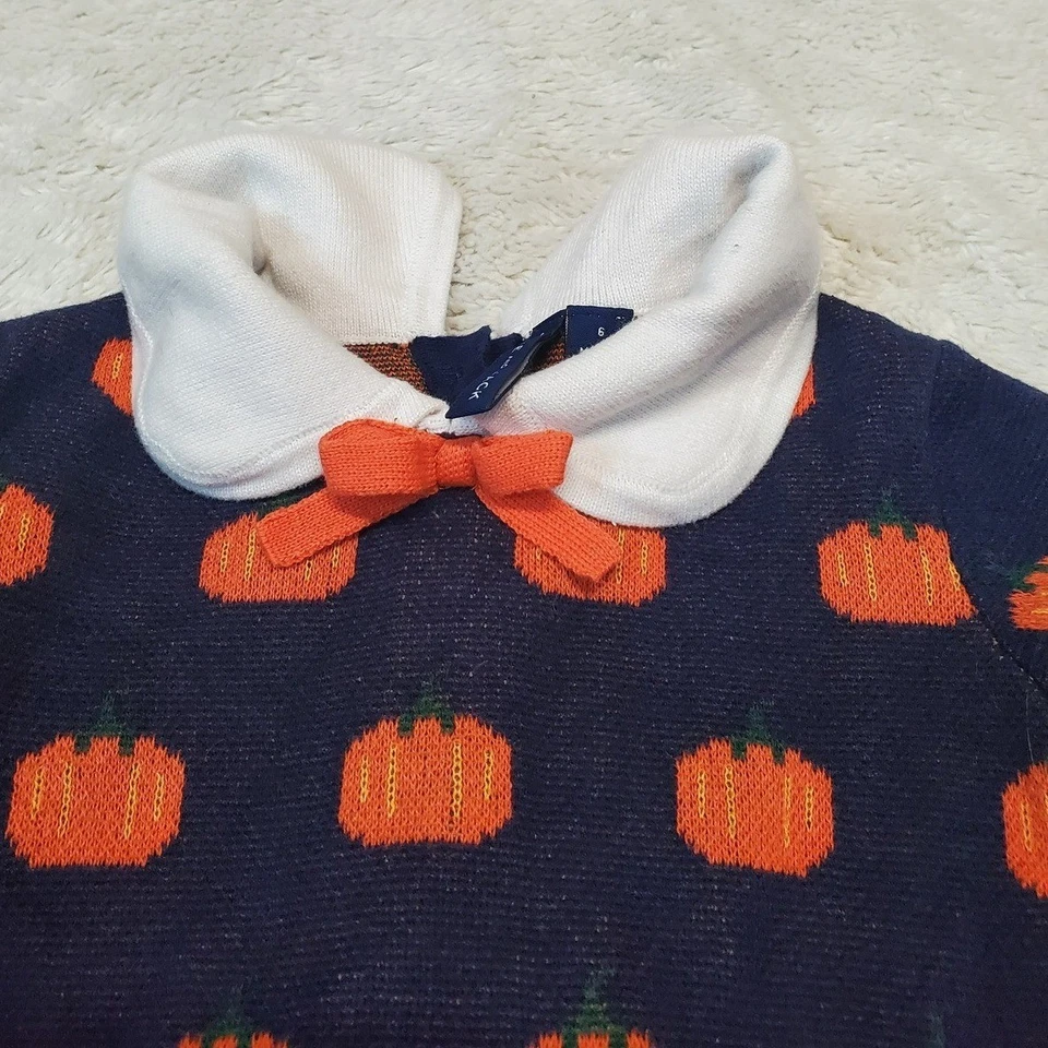 Janie and Jack Blue Orange Pumpkin Bow Halloween Fall Autumn Cozy Sweater Girl 6 - Image 3 of 4