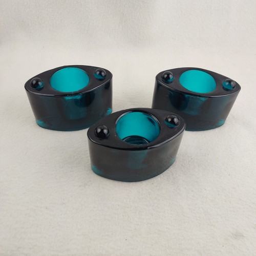 Vintage 90s CatsEye Stackable Tea Light Holders Set of 3 Blue Teal 3" - Picture 4 of 5