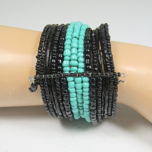Turquoise Silver-tone and Black Glass Seed Bead Cuff Bracelet Boho Style Wide - Picture 3 of 4