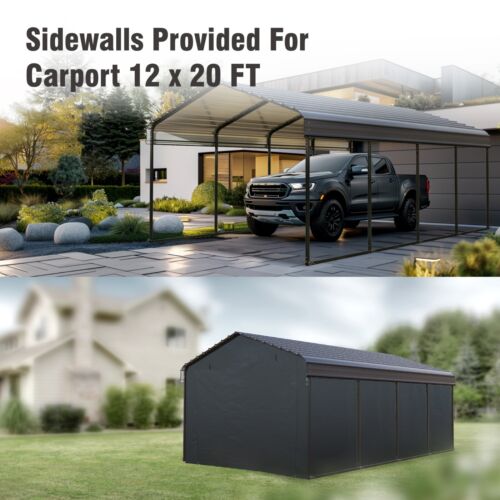 Carport 12x20 ft Heavy Duty Metal Carport Kits Outdoor Shelter Garage w/Sidewall - Picture 2 of 15