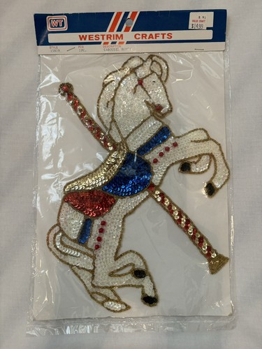 Very Large Vintage CAROUSEL HORSE Sequins Beads Appliqué Sew On Patch 10”x7” NOS - Picture 2 of 10