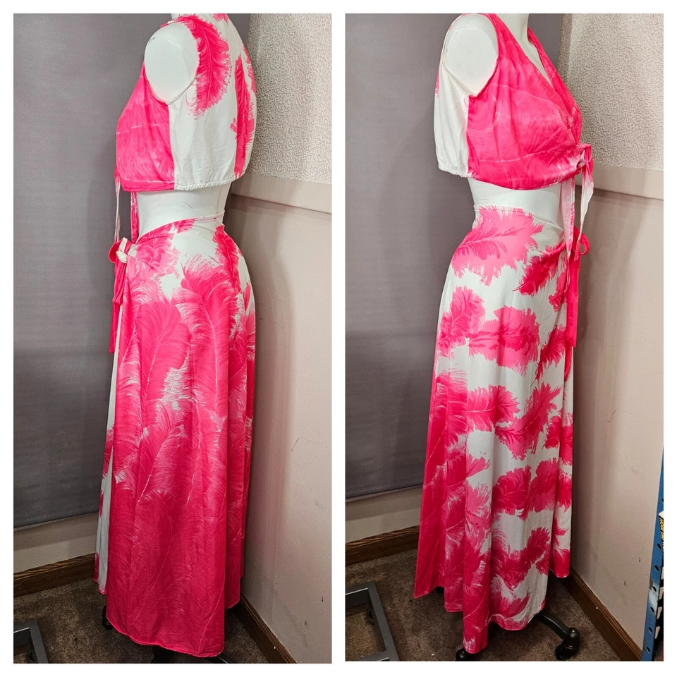 Beach Swim Cover Up Tie Crop Top Sarong Skirt 2 pc M L XL Pink White Floral - Image 2 of 4