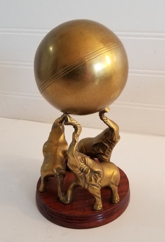 Vintage Brass Figurine 3 Elephants Trunks Up Holding Ball Wood base - Picture 2 of 18
