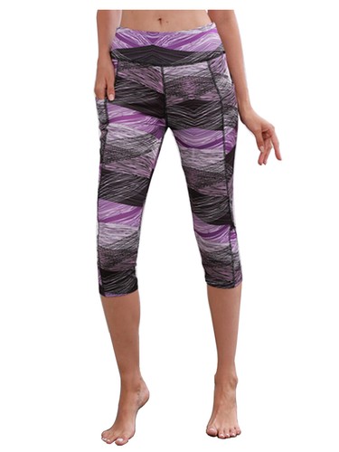 Printed High Waisted Blue White Yoga Gym Stretchy Capri Pants Leggings - Picture 17 of 25