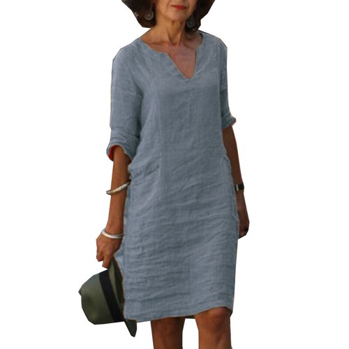 Women's Short Sleeve Cotton Linen Midi Dress Ladies Solid V Neck Baggy Sundress - Picture 4 of 16