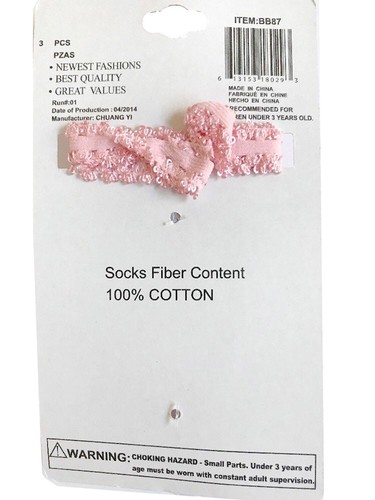 3 Pair Baby Girls Ruffle 100% Cotton White Pink Socks with Bow Hair Accessories - Picture 5 of 5