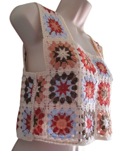 Vintage Handmade Crochet Granny Square Crop Top Womens S - Picture 1 of 11
