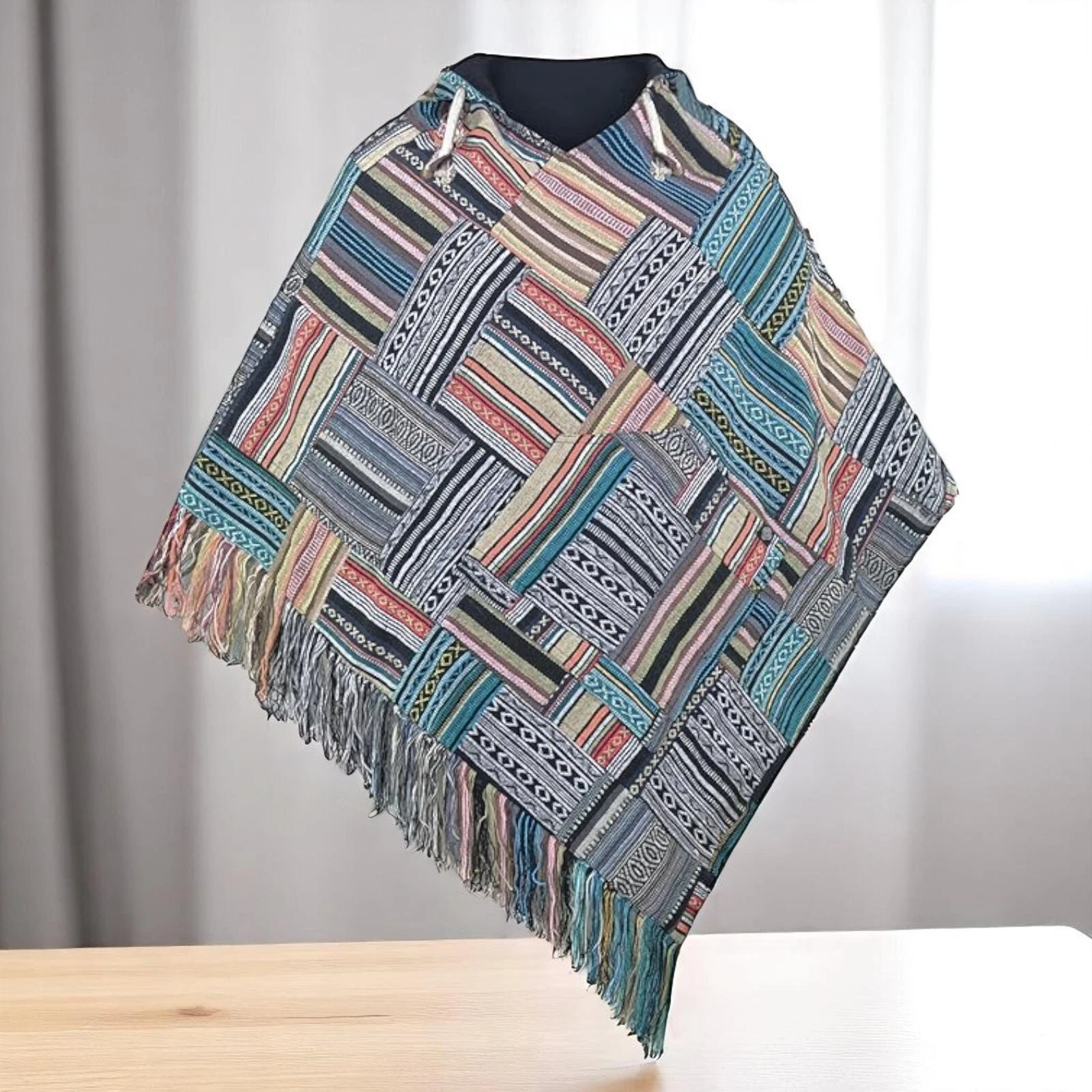 Mexican Baja Poncho Mens 100% Cotton Reversible Patchwork Hoodie Size XXL Hippy