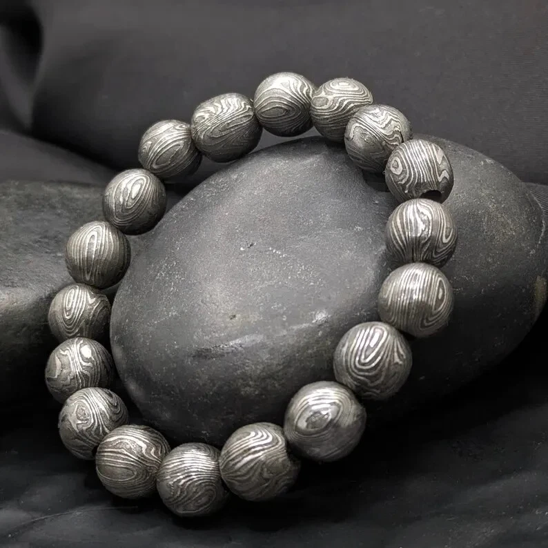 Nuevo Brazalete Damasco Acero Cuentas 10mm - Esferas Completas de Metal de 10mm Foto 2 de 4