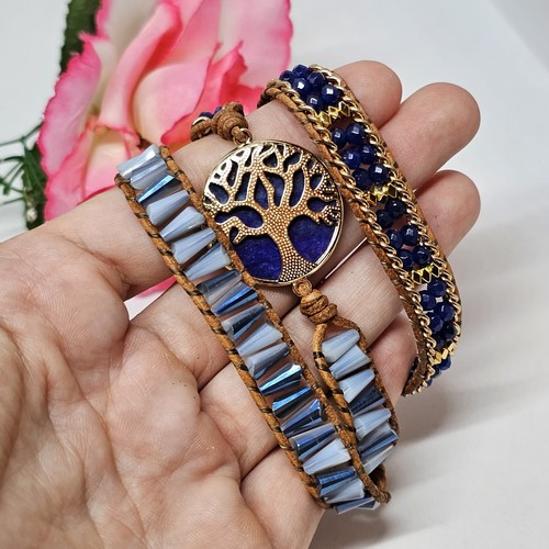 Blue Bracelet Tree of Life Lapis Lazuli Crystal Glass Beaded Beige Leather Wrap - Picture 5 of 18
