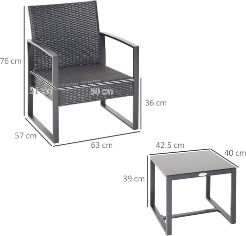 3-tlg. Rattan Bistro Set Gartenmöbel Korb Tisch Stühle Kissen Grau - Bild 6 von 8