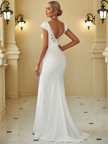 Women's Cap Sleeve Deep V-Neck Backless Fishtail Wedding Dress - Picture 2 of 6
