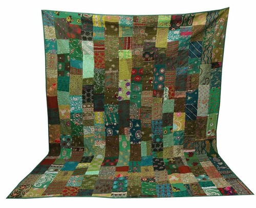 Indian Handmade Old Patola Silk Patch Kantha Quilt Kantha Blanket Twin Bedspread - Picture 12 of 37