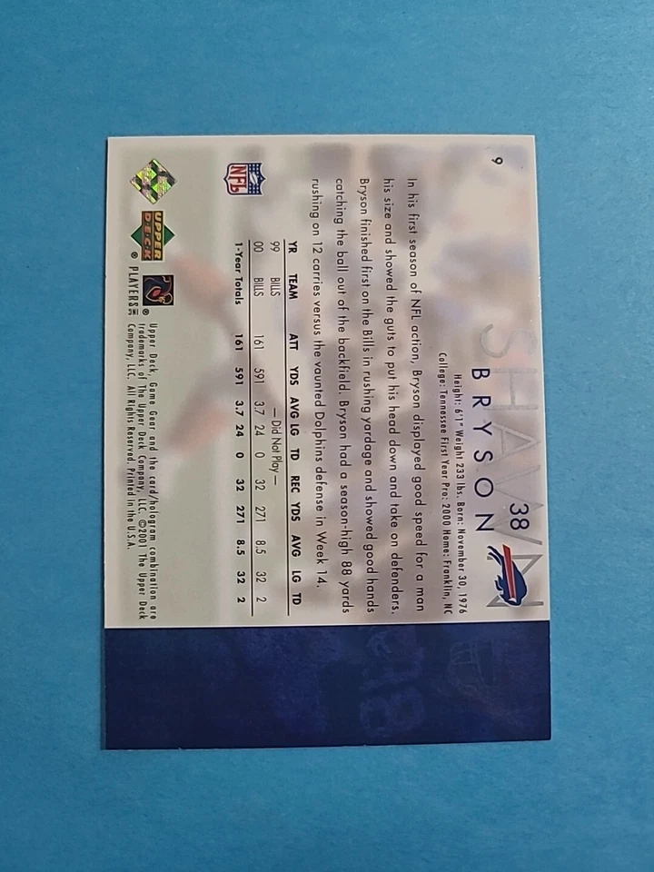 SHAWN BRYSON 2001 UPPER DECK GAME GEAR FOOTBALL CARD # 9 I0264 - Image 2 of 2