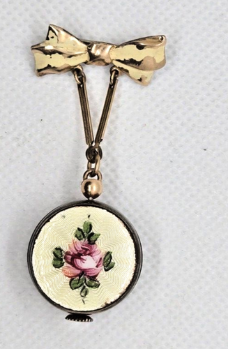 Boulevard Vintage Brooch Pin Hanging Watch - Working Enameled Rose Case - Picture 2 of 6