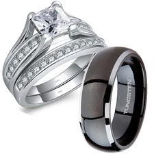 3 Pcs Hers Solid Sterling Silver His Black Titanium Bridal Wedding Ring Band Set