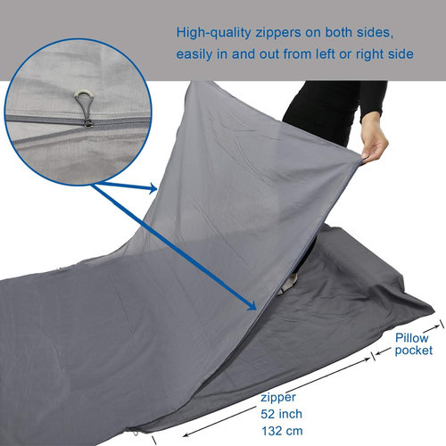 Silk/Cotton Travel Sheet with Double Zippers, 87"X43" Extra Wide Sleep Sack for - Picture 2 of 6
