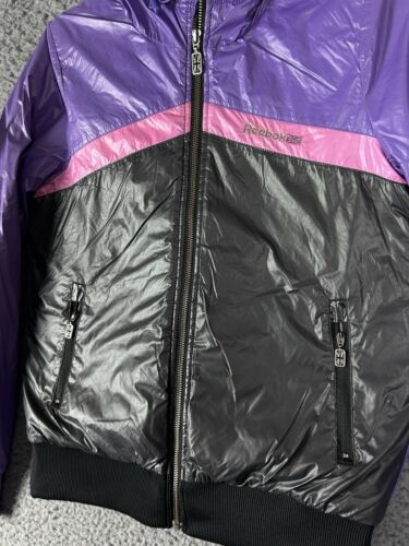 Rare Reebok Classic Hooded Puffer Jacket Purple Black Pink Womens Small Quilted - Picture 2 of 11