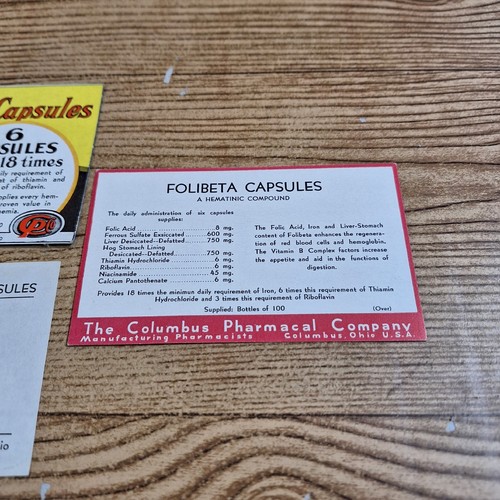 Lote de tarjetas publicitarias vintage de cápsulas Folibeta Columbus Pharmcal Ohio - Imagen 3 de 4