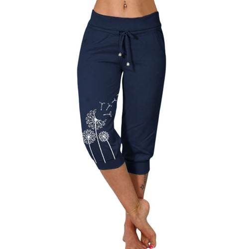 Women's Solid Color Sports Yoga High Waist Draw Rope Capri Printed Pants - Picture 28 of 31