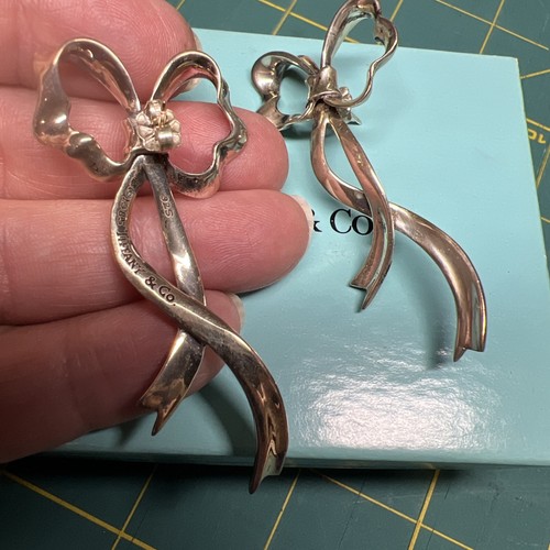 Vintage Tiffany & Co Silver Bow Ribbon 2.3" Large Drop Earrings in Box. Pierced - Picture 2 of 6