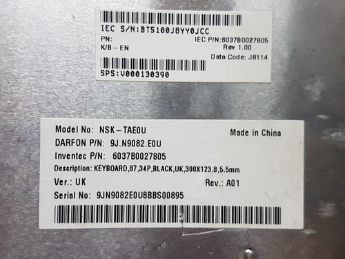 Toshiba Satellite KEYBOARD UK QWERTY NSK-TAE0U 9J.N9082.E0U V000130390 - Picture 3 of 3