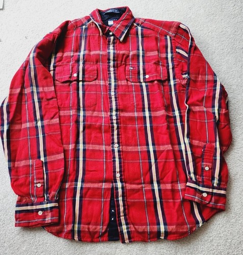 Tommy Hilfiger Boy's Red Plaid Long Sleeve Shirt 100% Cotton Large EUC  - Picture 1 of 3