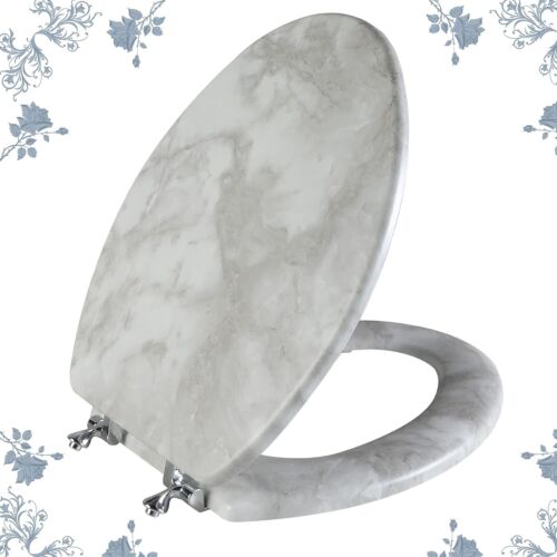 Asiento de inodoro de mármol alargado asiento de inodoro de madera natural con bisagras de aleación de zinc,... - Imagen 2 de 8