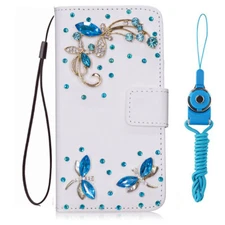 Blue Dragonfly Bling Diamonds Flip Leather Wallet Women Phone Case W/ 2 Lanyards