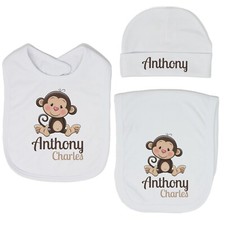 Baby Boy Personalized Custom Safari Jungle Monkey Bib and Burp Cloth Set VS2