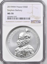 2019 Poland Silver 50 Zloty Stephen Bathory NGC MS70 Mint-5,500 BOX COA, TOP POP