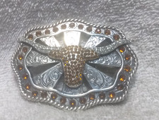 Silver Texas Longhorns Buckle Orange Crystal Filled Engraved See Through Enmon