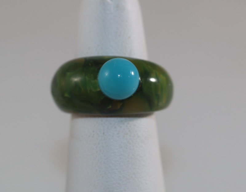 Vintage Resin Green Ring with Faux Turquoise size 5.5