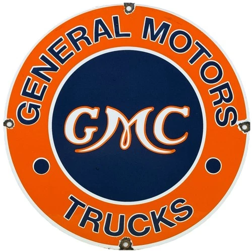 VINTAGE GMC TRUCKS PORCELAIN SIGN DEALERSHIP OIL GAS