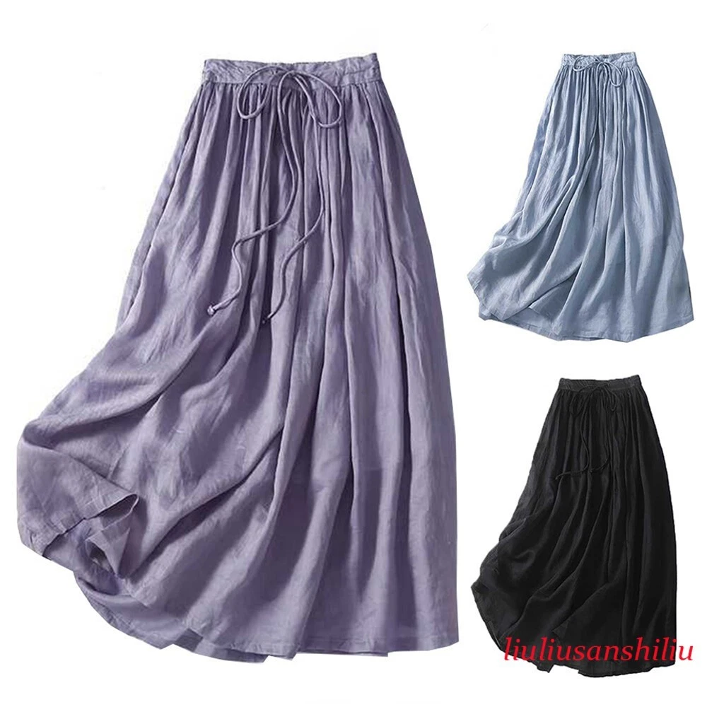 Women Cotton Linen Maxi Skirt Cocktail Party Skirt High Waist A-Line Long Dress