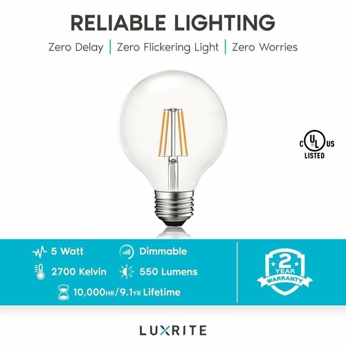 Luxrite G25 LED Edison Globe Bulb Dimmable 2700K 550lm E26 Base (6-Pack) - Picture 7 of 7