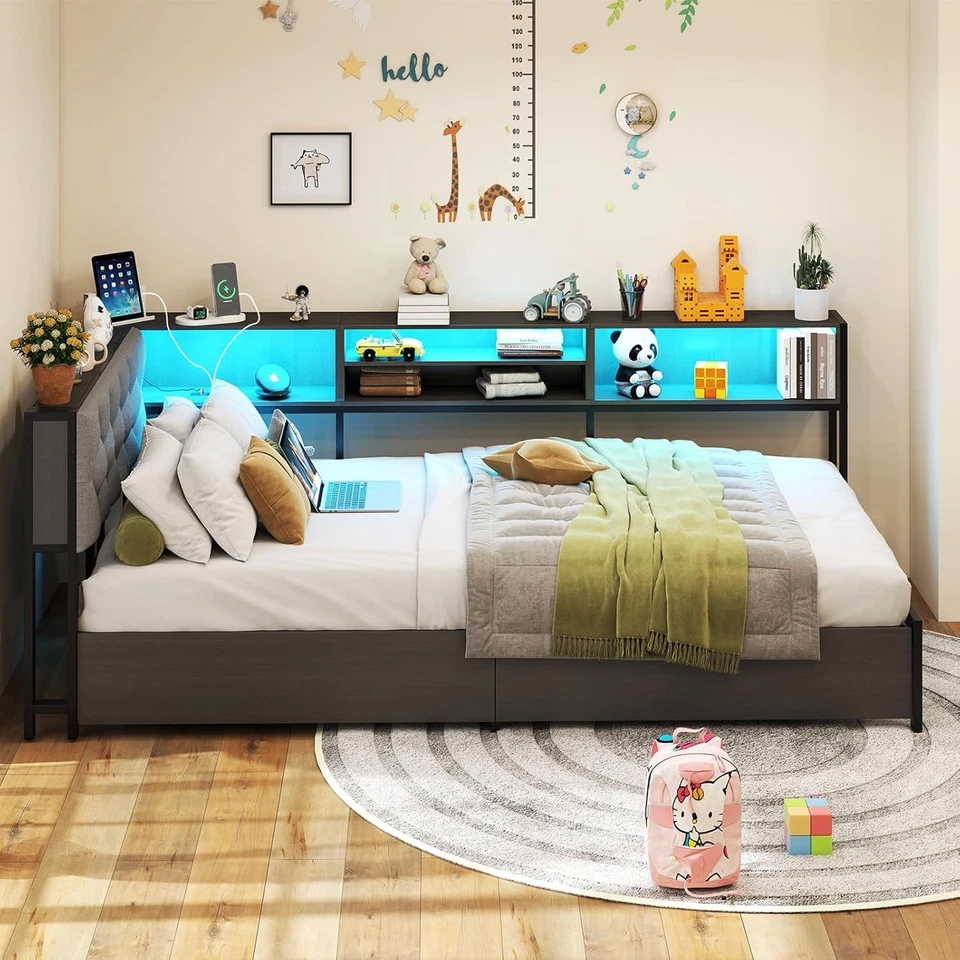 Marco de cama doble esquinero con estantería de almacenamiento y luces LED con estación de carga Foto 2 de 4